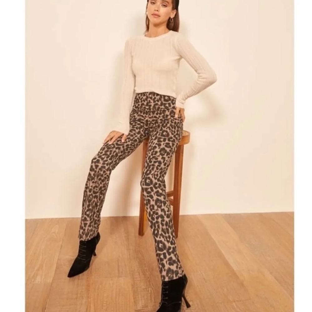 Reformation Sera Leopard Print High Rise Bootcut Flare Leg Pants